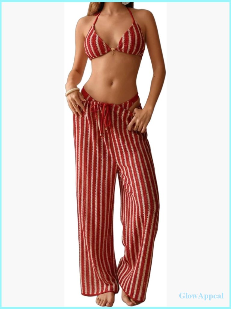 Boho Striped Crochet Knit Bikini With Pants Coverup 3 Piece Swim Set